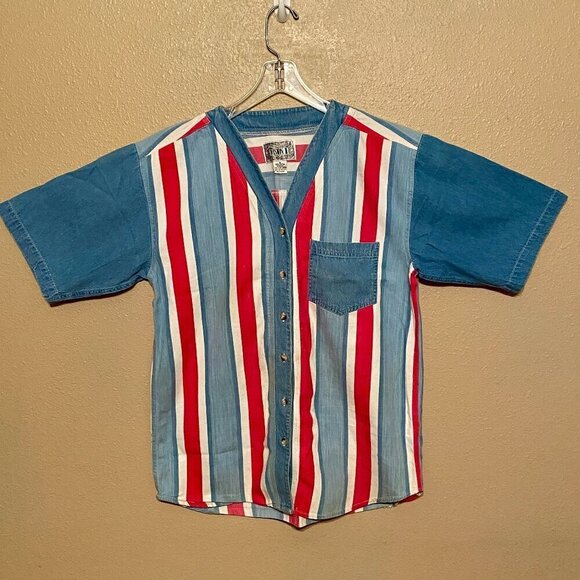 Vision I Tops - VISION I Ladies Retro Vintage Button-Up Striped Shirt Red,White&Blue Summer (M)